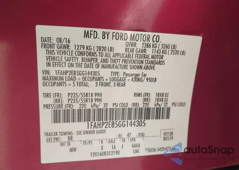 2016 Ford Taurus Sel from USA, damaged, VIN 1FAHP2E85GG144305